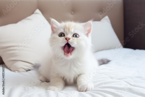 A cute little fluffy white baby kitten yawning with her mouth wide open. Sleepy yawning long-haired kitten on white bed. Generative AI professional photo imitation.