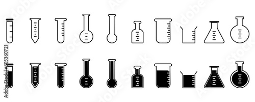 Erlenmeyer flask chemistry beaker icon set. Set of vector linear icons of test tubes of different shapes. Vector graphic illustration.