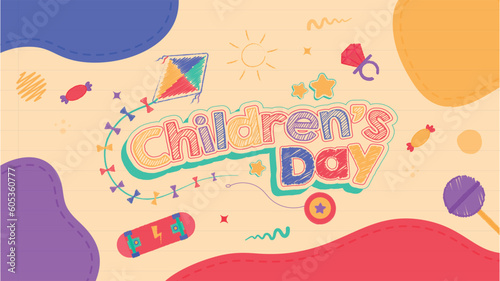 Childrens day toys kite skate sketch vector banner template