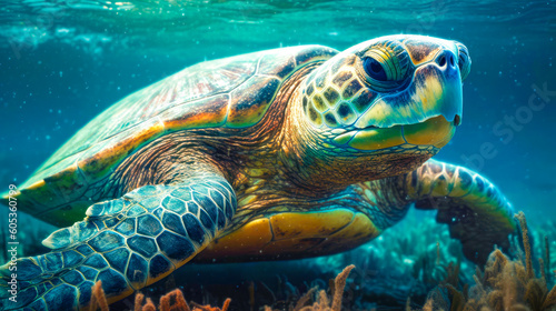 Underwater world. Corals. Turtle. Depth. image for 3d floor. Dive into the underwater world. Ai generated © zamuruev