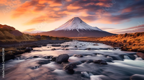 Sunset in the mountains, volcano in the backdrop