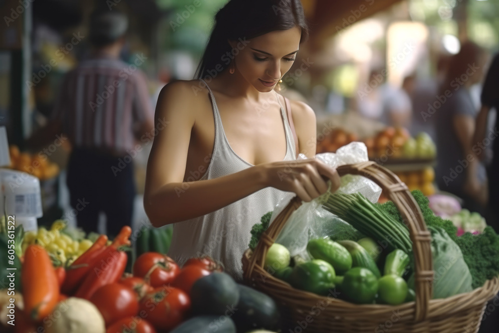 A young woman buys organic vegetables at a farmers' market. Healthly food. Generative AI