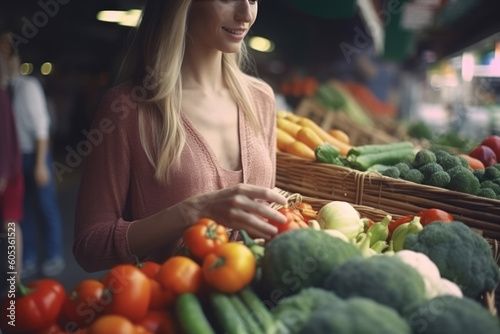 A young woman buys vegetables at the market. Healthly food. Generative AI