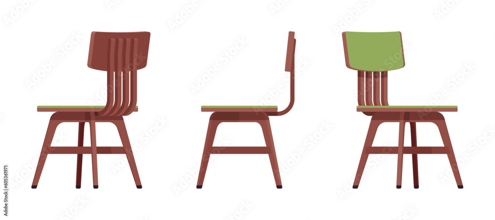 Dining side chair furniture set in brown, green. Wood seat, back rest, kitchen room, cafe, restaurant classic modern interior design. Vector flat style cartoon home, office isolated, white background Dining side chair furniture set in brown, green. Wood seat, back rest, kitchen room, cafe, restaurant classic modern interior design. Vector flat style cartoon home, office isolated, white background