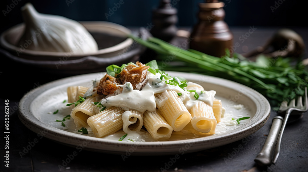Delicious rigatoni with white cream sauce