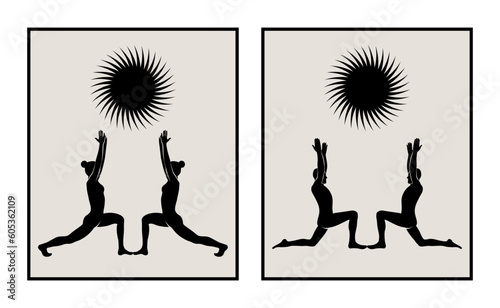 Man and woman doing yoga abstract posters set. Monochrome silhouette modern illustrations. Health care and lifestyle concept. Hand drawn Vector illustrations for print and web.