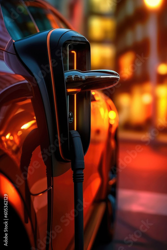 Sustainable City Living: Electric Car Charging Close-Up. Generative AI