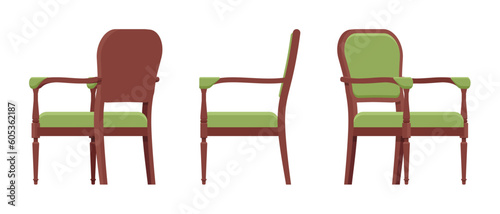 Armchair, soft back furniture set, natural brown, green. Comfortable dinner seating, reading, formal meeting, welcoming seat interior. Vector flat style cartoon home, office isolated, white background