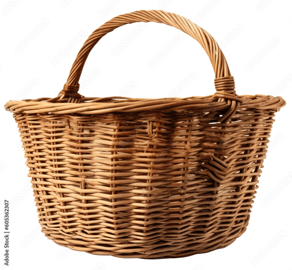 Wicker rustic basket. Isolated on a transparent background. KI.