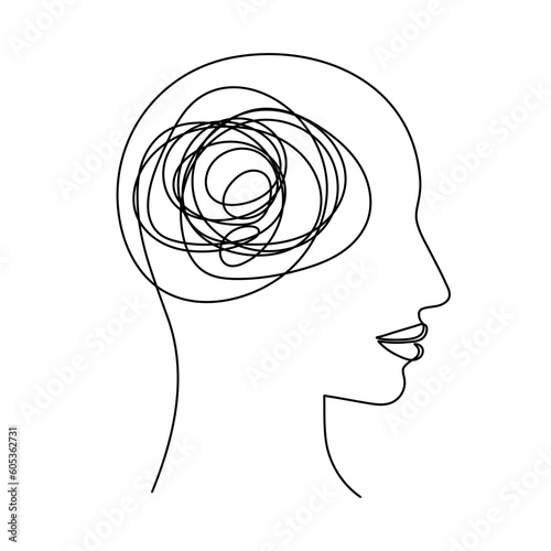 Head with confused thoughts one line art, hand drawn continuous contour. Mental health concept, muddled feelings,worry and anxiety online.Brain therapy.Editable stroke Isolated.Vector illustration