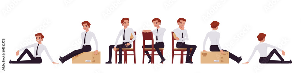 Business consultant professional male set, handsome man different sitting poses. Office boy, young manager in formal work wear. Vector flat style cartoon character isolated on white background Business consultant professional male set, handsome man different sitting poses. Office boy, young manager in formal work wear. Vector flat style cartoon character isolated on white background
