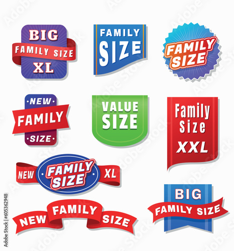 Family size big value new XL badges and corners different shape with ribbon set vector illustration