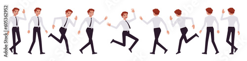 Business consultant professional male set, handsome man different walk, run poses. Office boy, young manager in formal work wear. Vector flat style cartoon character isolated on white background
