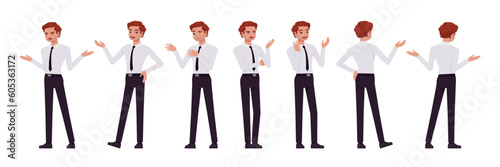 Business consultant professional male set, handsome man different talk, show poses. Office boy, young manager in formal work wear. Vector flat style cartoon character isolated on white background photo