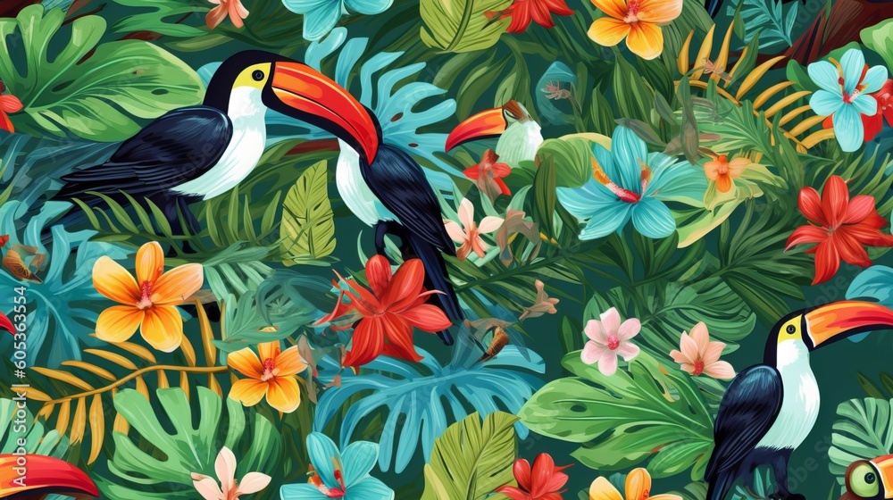 Obraz premium Seamless tropical background with parrots, flowers, and leaves
