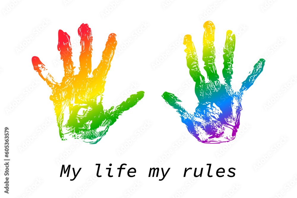 Hand imprint LGBT flag rainbow colors,hand drawn pride month palm traces decoration.People's rights movement,diversity love time design.My life my rules.Isolated.Vector illustration Hand imprint LGBT flag rainbow colors,hand drawn pride month palm traces decoration.People's rights movement,diversity love time design.My life my rules.Isolated.Vector illustration