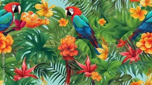 Seamless tropical background with parrots, flowers, and leaves © Jardel Bassi