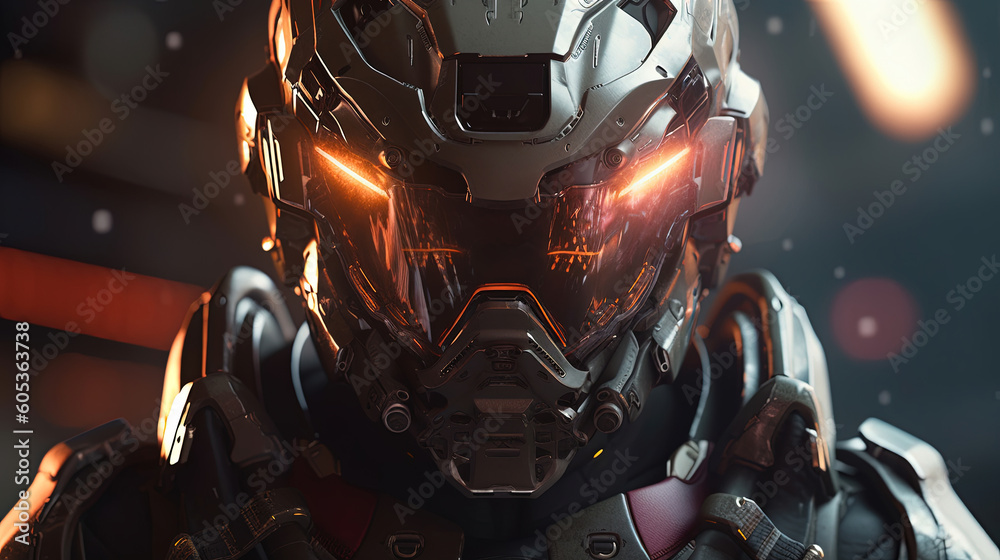 Fototapeta premium Epic warrior with futuristic dynamic armor helmet with cyberpunk style