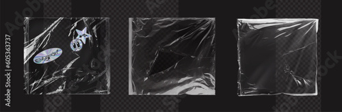 Plastic wrap texture overlay effect. Polyethylene packaging for vinyl or cd cover. Shrink crumpled plastic sleeve, vector mockup illustration. Wrinkled, damaged, torn old disk bag