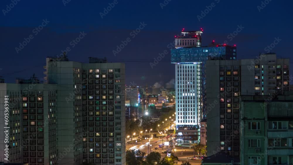 Night Moscow cityscape from rooftop timelapse. Residential buildings at night. Night top view from the roof. Traffic on the road intersection and light in windows Night Moscow cityscape from rooftop timelapse. Residential buildings at night. Night top view from the roof. Traffic on the road intersection and light in windows