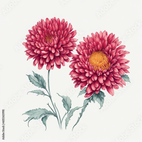 watercolor Chrysanthemums isolated on white background, red color