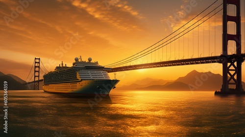 A generated AI illustration of a romantic cruise ship ride at sunset along the coast. In the background you can see a huge cable-stayed bridge. photo