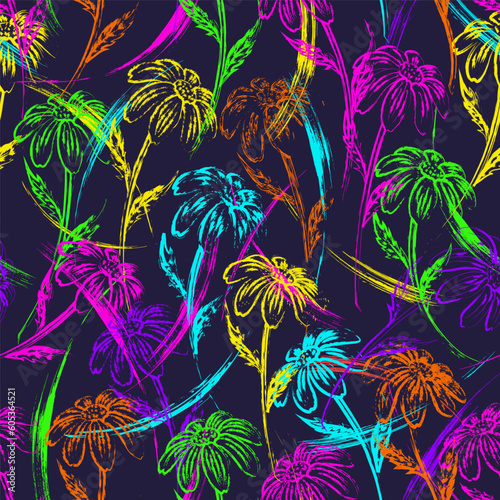 Seamless pattern with chamomile flower with stem, paint brush strokes. Vibrant bright neon colors. Good for apparel, fabric, textile