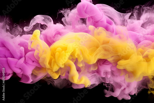 Abstract creative template. Acrylic ink in water with smoke. Canary yellow with orange and lilac pink swirling fog abstract background vibrant colours wallpaper mix. 