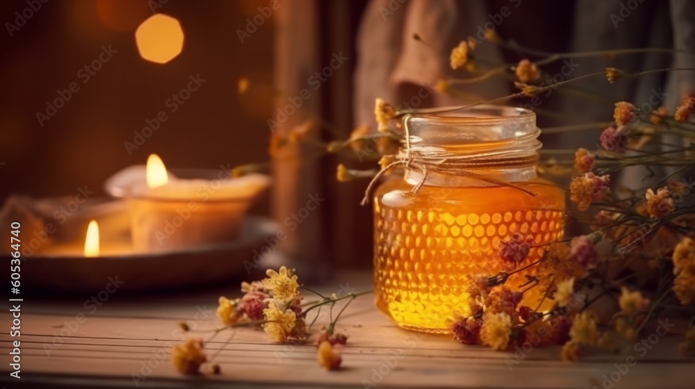 Harvest of various sorts of honey in glass jars and jugs with flowers. Still life of bee honey on the table by candlelight. Generative AI