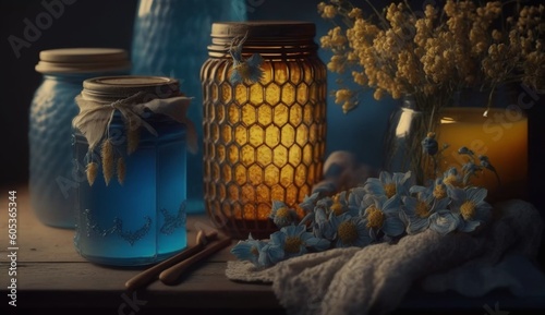 Harvest of various sorts of honey in glass jars and jugs with flowers. Still life of bee honey on the table by candlelight. Generative AI