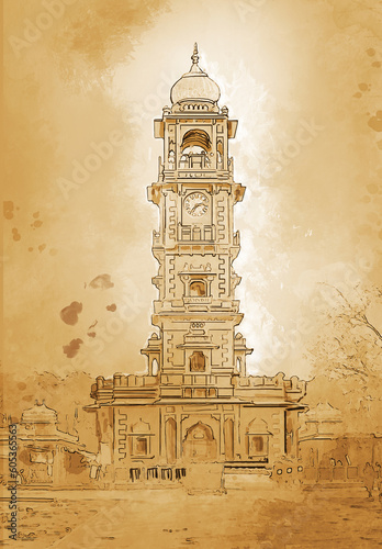 vintage Clock tower and Sardar Market gate  Ghanta Ghar in Jodhpu Mehrangarh fort, Rajasthan, India. book illustration Artistic travel sketch. Hand drawn postcard, poster