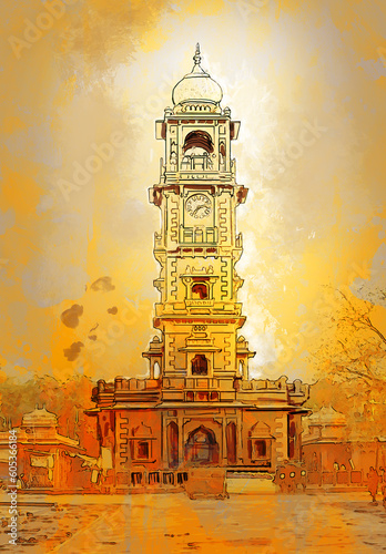 Clock tower and Sardar Market gate  Ghanta Ghar in Jodhpu Mehrangarh fort, Rajasthan, India. book illustration Artistic travel sketch. Hand drawn postcard, poster