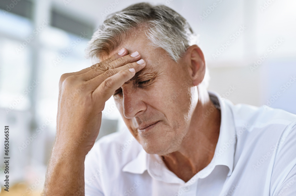 Migraine, stress and senior businessman in the office with healthcare problem or medical emergency. Medical issue, burnout and sick professional corporate manager in pain with a headache in workplace Migraine, stress and senior businessman in the office with healthcare problem or medical emergency. Medical issue, burnout and sick professional corporate manager in pain with a headache in workplace