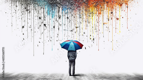 A colorless man in a no-color street with a colorful umbrella during colorful rain. Colorful digital art on white background. Vibrant color. Generative AI