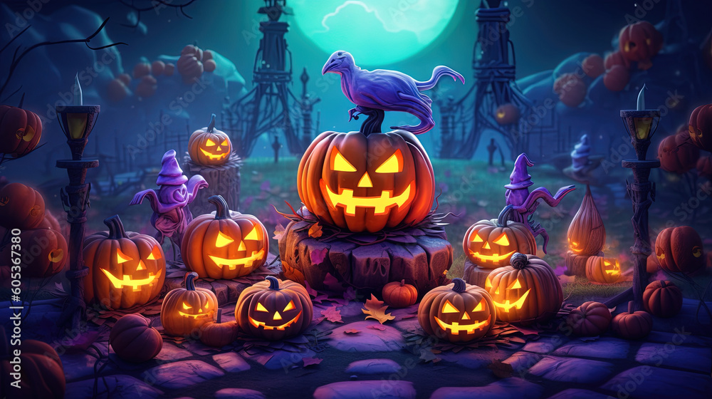 Halloween night moon composition with glowing pumpkins