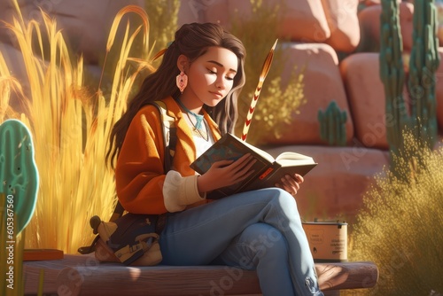 Native american woman reading a book  - Illustration Created with generative ai photo