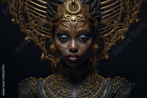 A woman with a gold headdress on her face