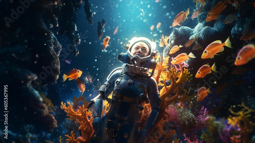 Generative ai illustration young woman astronaut suit scuba-diving underwater