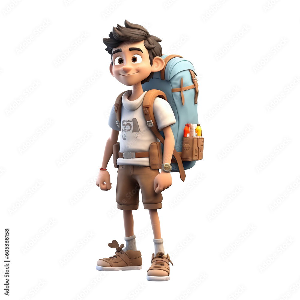 3d cute cartoon backpacker in summer holiday vacation on transparent background. Generative AI