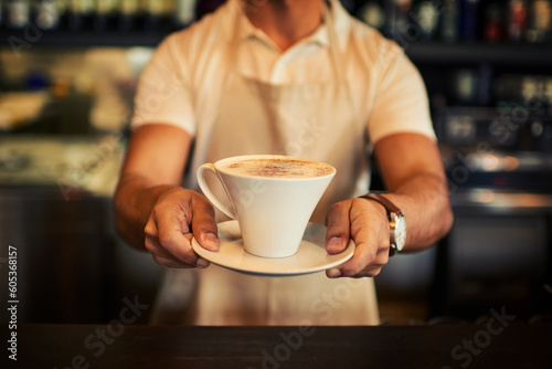 Coffee cup, man hands and cafe barista with hot chocolate, espresso or latte for hydration, wellness and store service. Startup small business, shop and male waiter giving drink, beverage or liquid