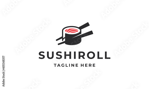 Sushi rolls with chopstick, bar or restaurant vector logo icon. Japanese cuisine sushi seafood logo design