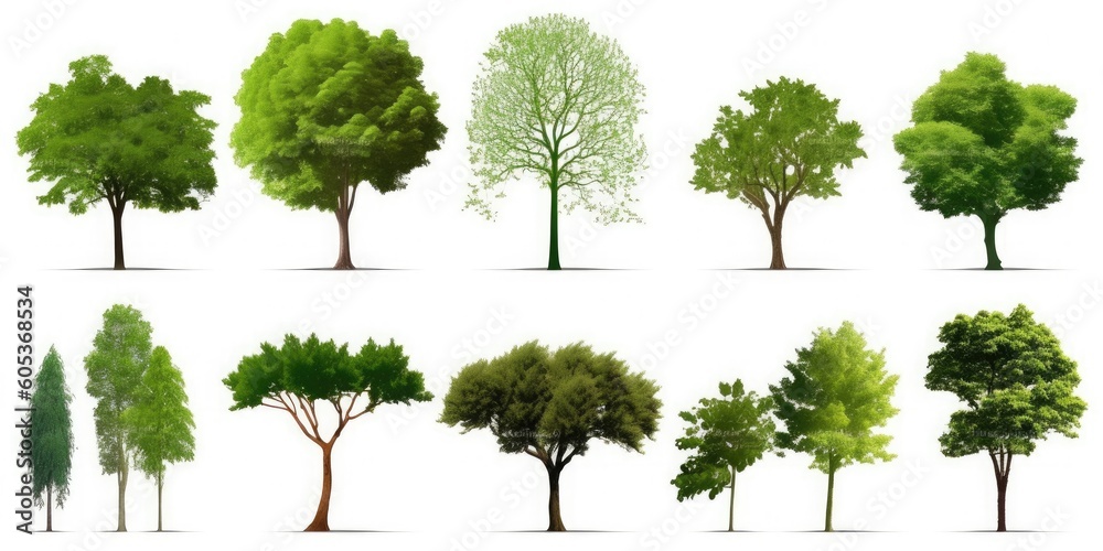 Set of various green trees on a white background. Generative ai. Set of various green trees on a white background. Generative ai.