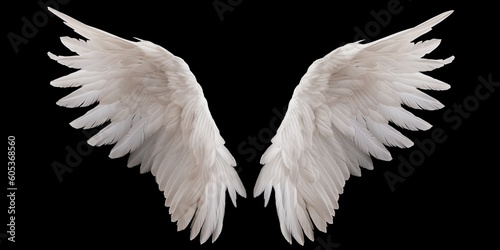 White angel wings isolated on black background. Generative ai.