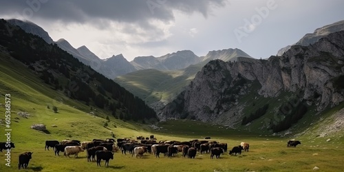 A herd of cows grazes in a meadow overlooking the mountains. Generative ai.