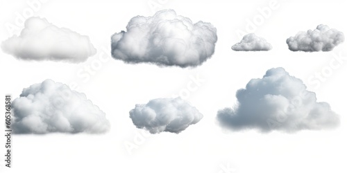Set of different clouds on a white background. Generative ai.