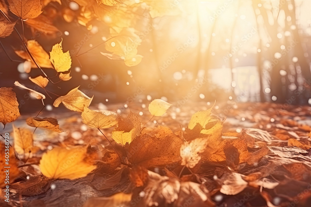 Blätter fallen vom Baum mit unscharfem Hintergrund, Generative AI