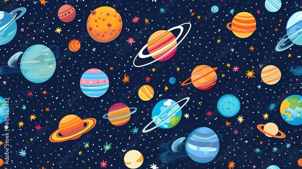 Seamless background pattern with cosmos, moon, stars and planets Seamless background pattern with cosmos, moon, stars and planets
