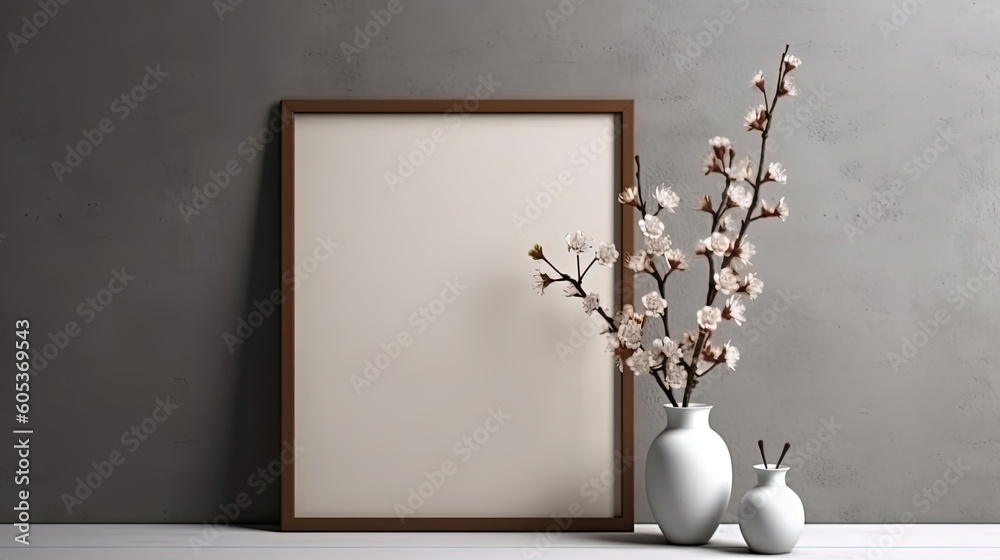 White wall with frame and flower White wall with frame and flower