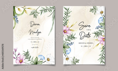 Elegant wedding invitation card with beautiful watercolor flowers