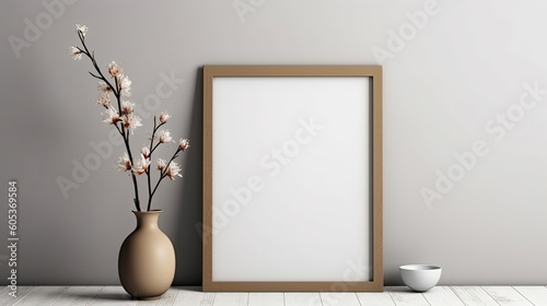 White wall with frame and flower